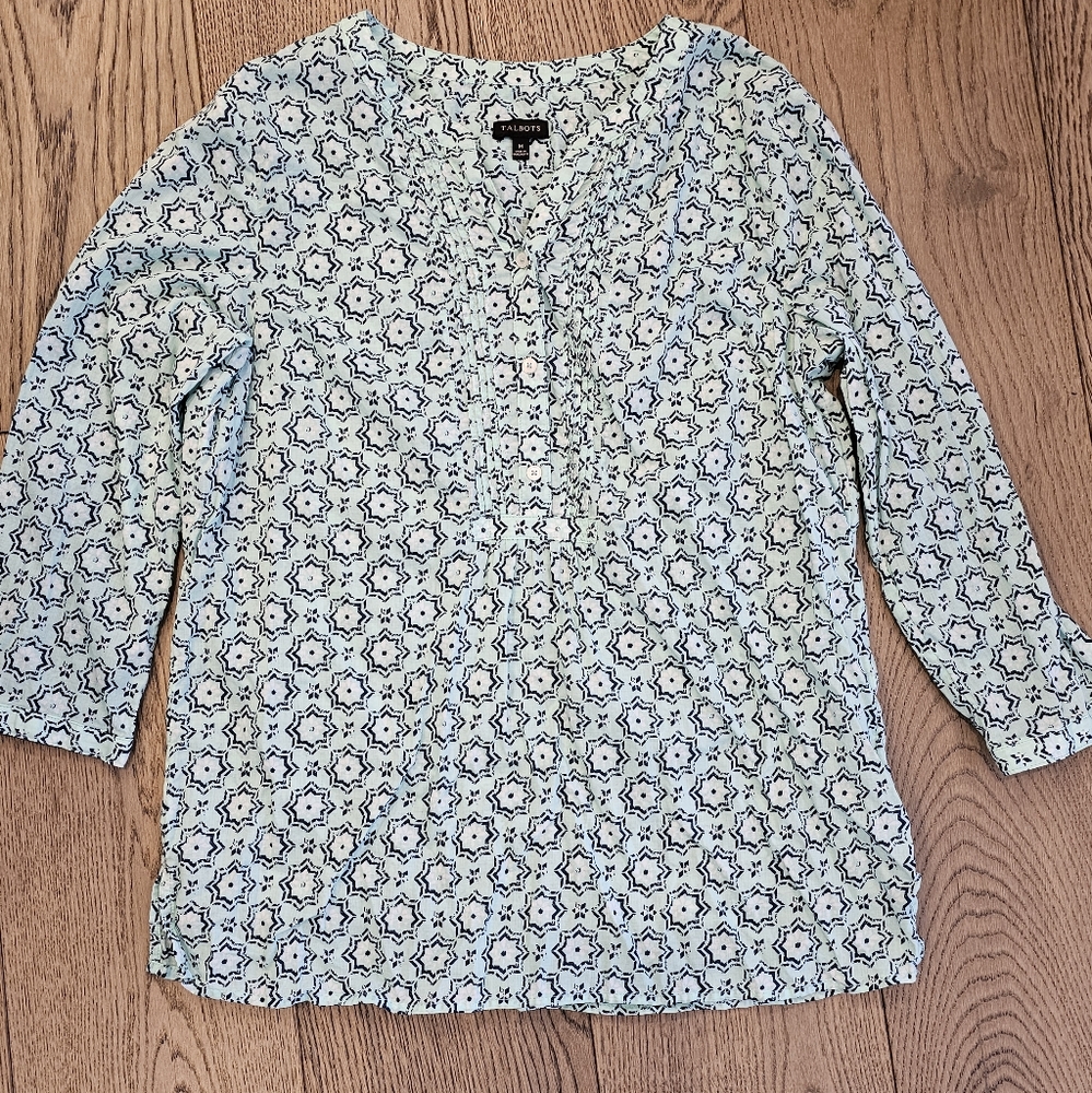 Talbots Popover Band Collar Tunic Size M Green Black Geometric Pattern